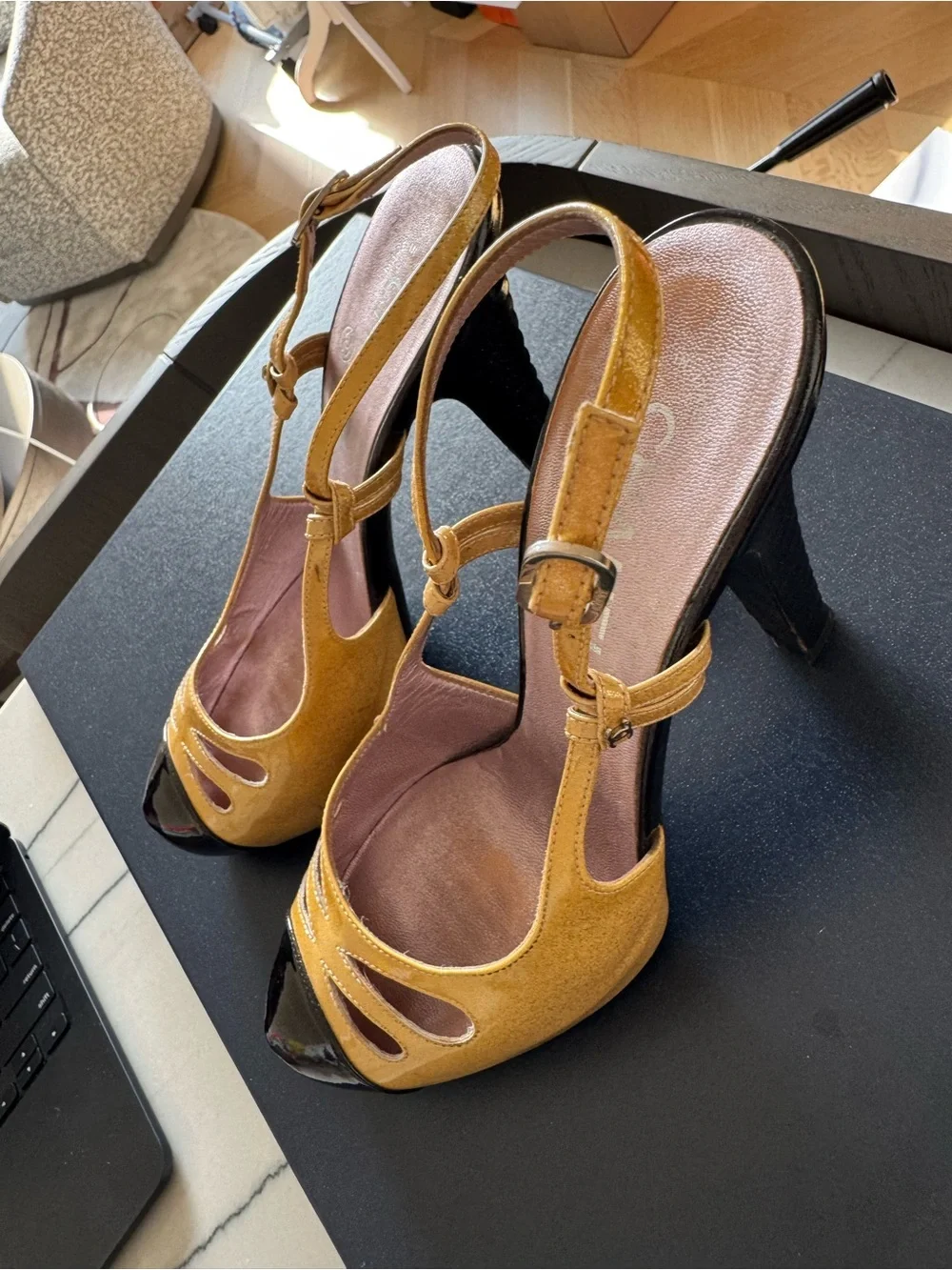 CHANEL Two-Tone Slingback Pumps in Mustard and Black Patent
